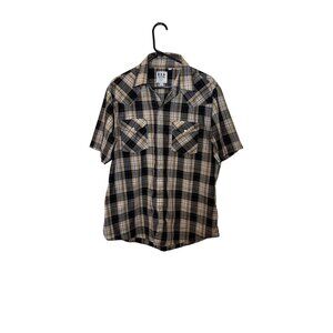Mens Ely Cattleman Plaid Western Shirt Snap Front Short Sleeve Tan & Black Size
